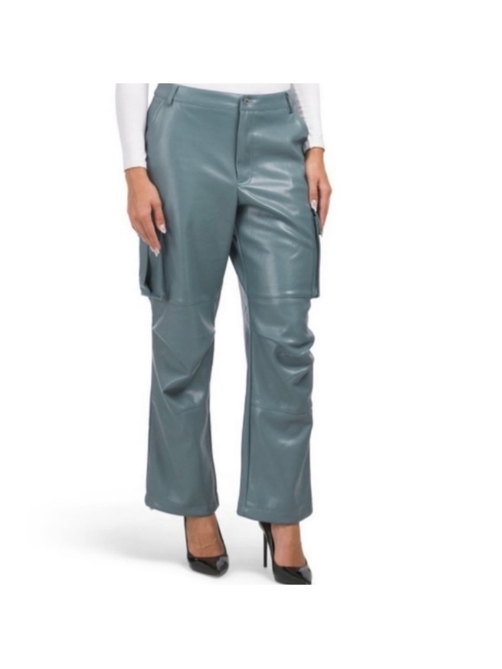 7 For All Mankind Women’s High-Rise Vegan Leather Cargo Pants - Slate Blue - Picture 3 of 5